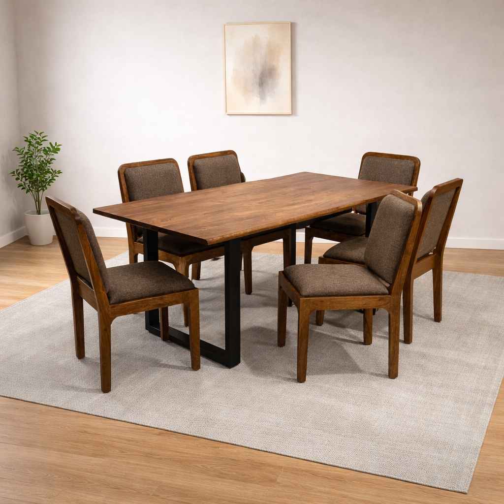 Image 1 for Live Edge Dining Set Table 4+Bench Acacia Wood with Premium Fabric (WH)(EC)(HYD)(BWD)(BSK)