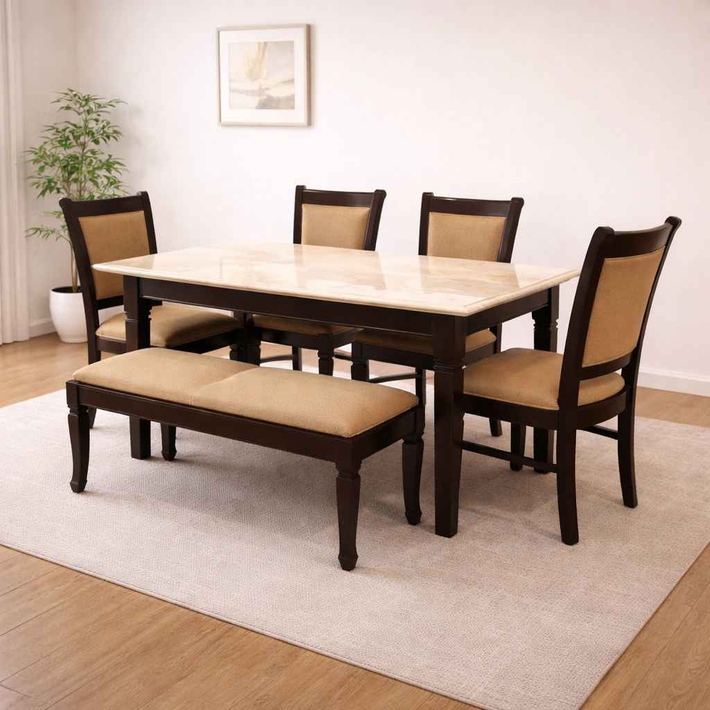 Image 1 for Classic 44 6 Seater Marble and Teak WoodDining Set with Bench and Preimium Fabric Upholstery (BS-BSK)