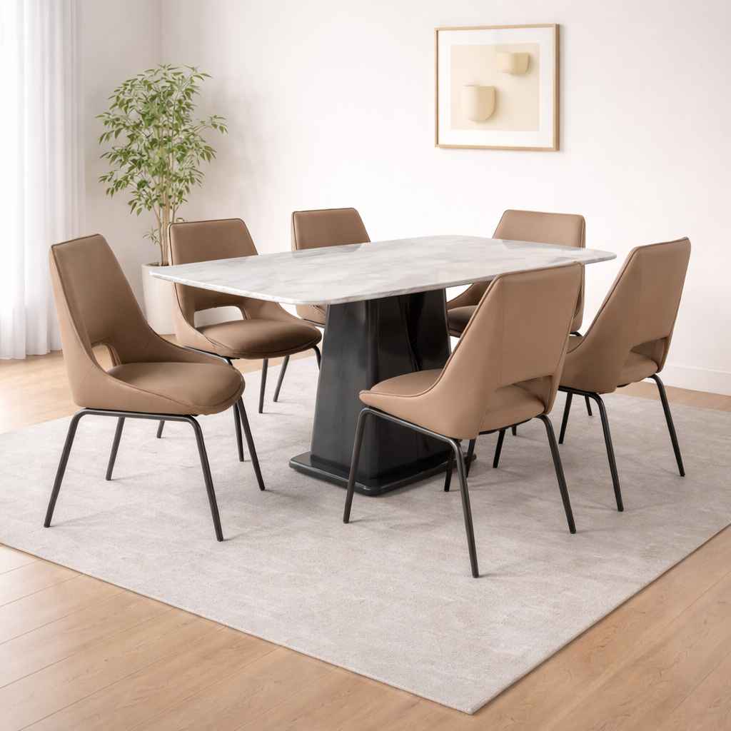 Image 1 for 861-1 6 Seater Marble Dining Set with Premium Leatherette Upholstery (WH)