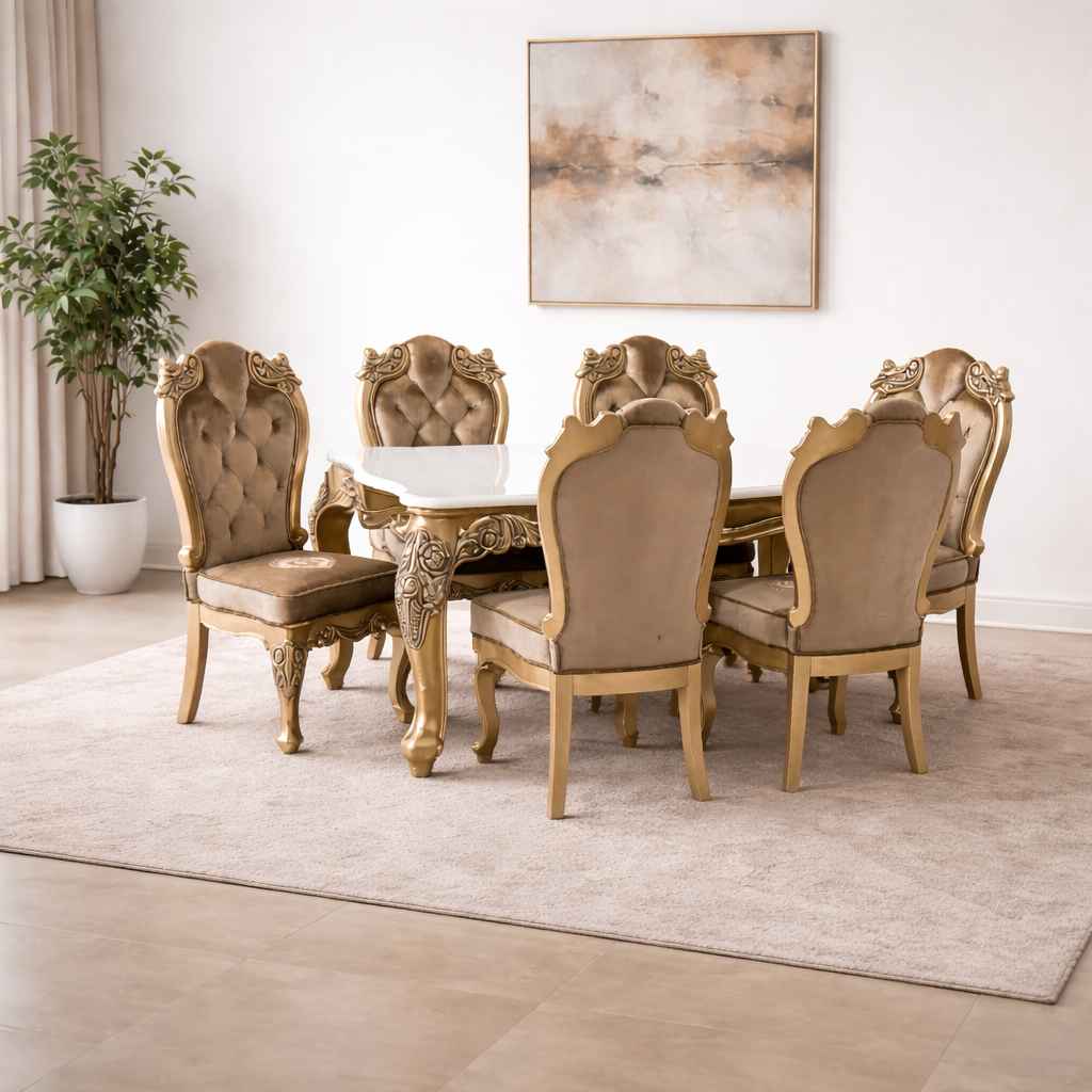 Image 1 for OPAL 6 Seater Marble Dining Set with Royal Metal Carving (WH) (OWD)