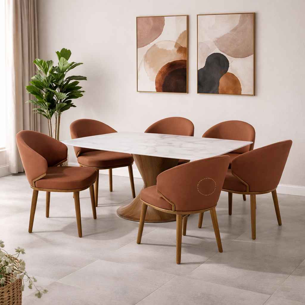 Image 1 for C05 6 Seater Marble Dining Set with Premium Leatherette Upholstery