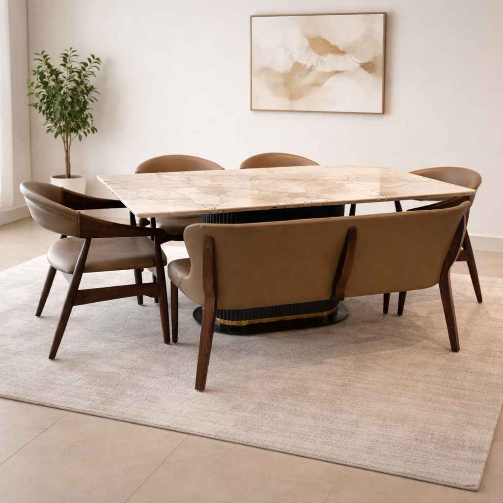 DT37 6 Seater Marble Top Dining Set with Premium Leatherette Upholstery BS-(KORA)