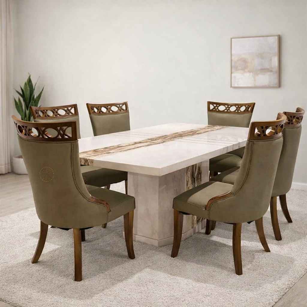 Image 2 for DT - 1061-1/3330 6 Seater Marble Dining Set with Premium Leatherette Upholstery
