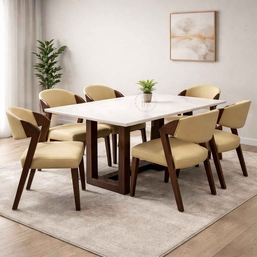 Image 1 for DT 30 6 Seater Marble Dining Set with Premium Leatherette Upholstery