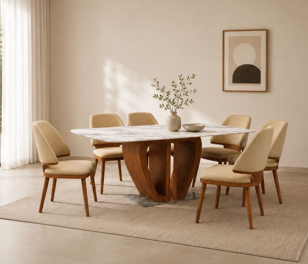 Dining Set 6+1 683/323 Imported Oak Wood With PVD Rose Gold And Marble Top (CP OTD)