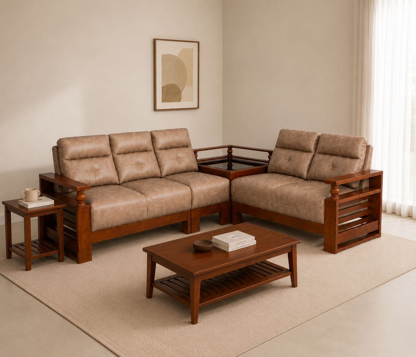 Image 1 for Rolled L-Shape Sofa Solid Rubber Wood (ZAM) (OWD)