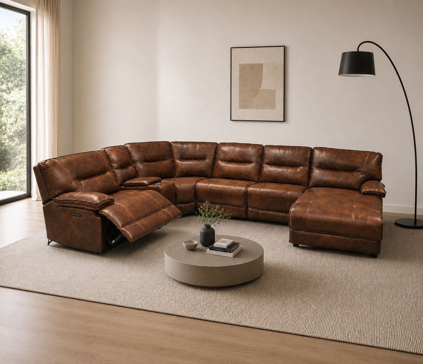 Image 1 for UX70048HM Corner Sofa Set With 3 PHR Recliner With Leather (EC OTD)