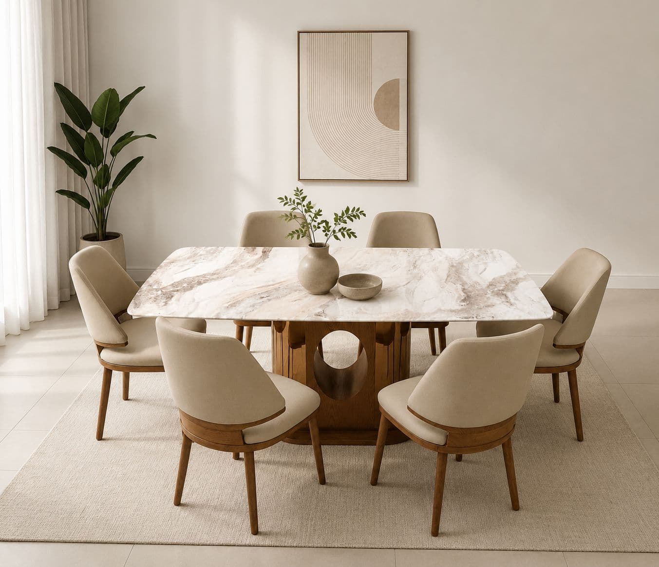 Image 1 for Dining Set 699/2127/323 Chair 1+6 Marble Top Ash Wood With Metal Strip