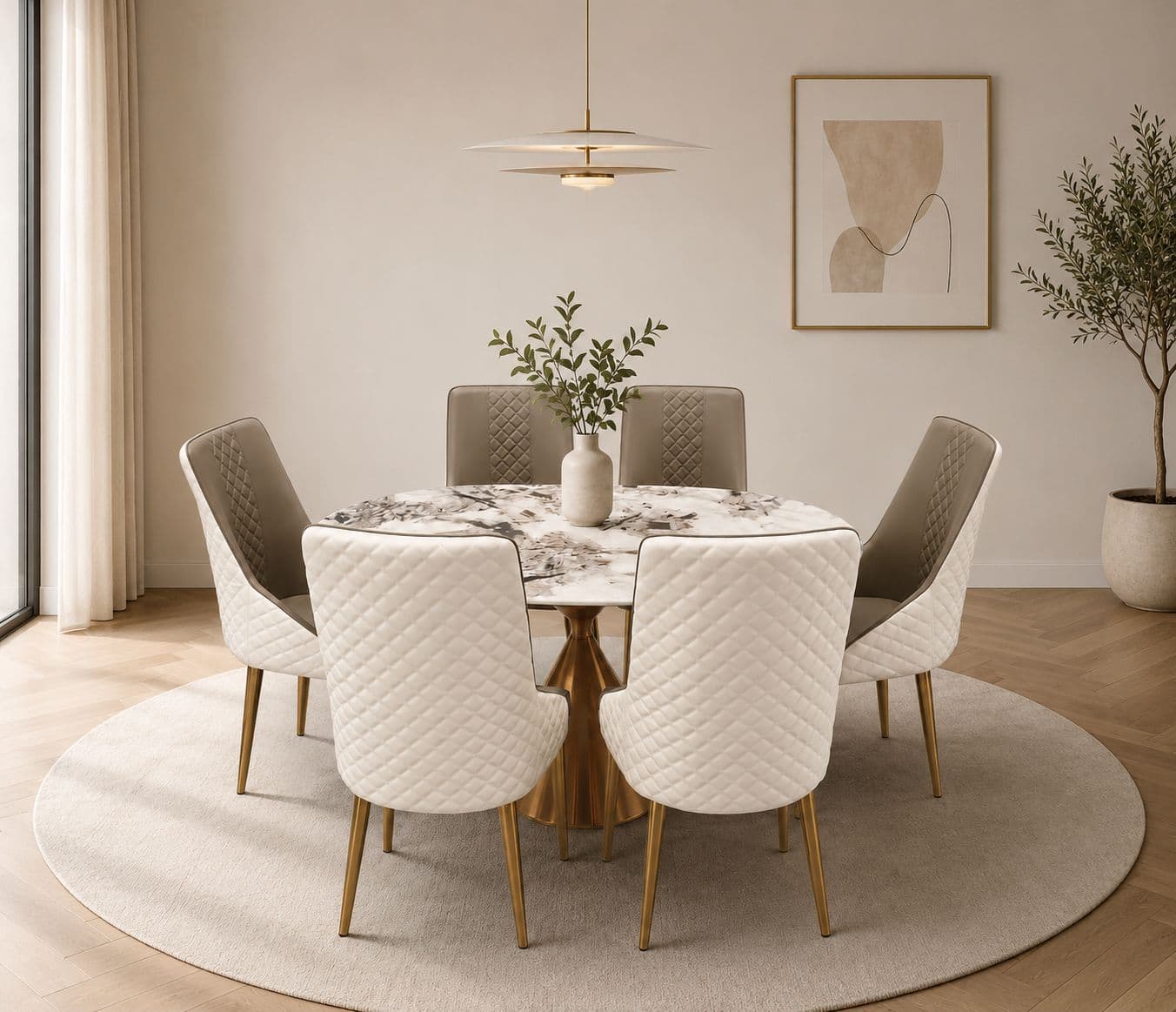 Image 1 for A890/ C609 Grey Chair 1+6 Seater Dining Set With Marble Top And PVD Gold Base (HYD)