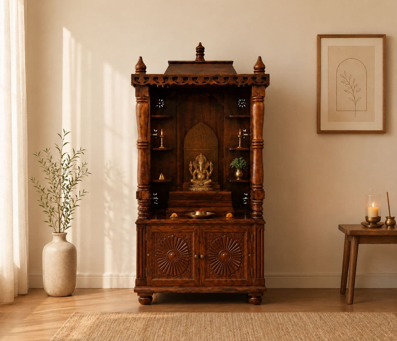 Image 1 for Aaloka Pooja Mandir Solid Sheesham Wood (Honey Finish) (SCV_PKU)