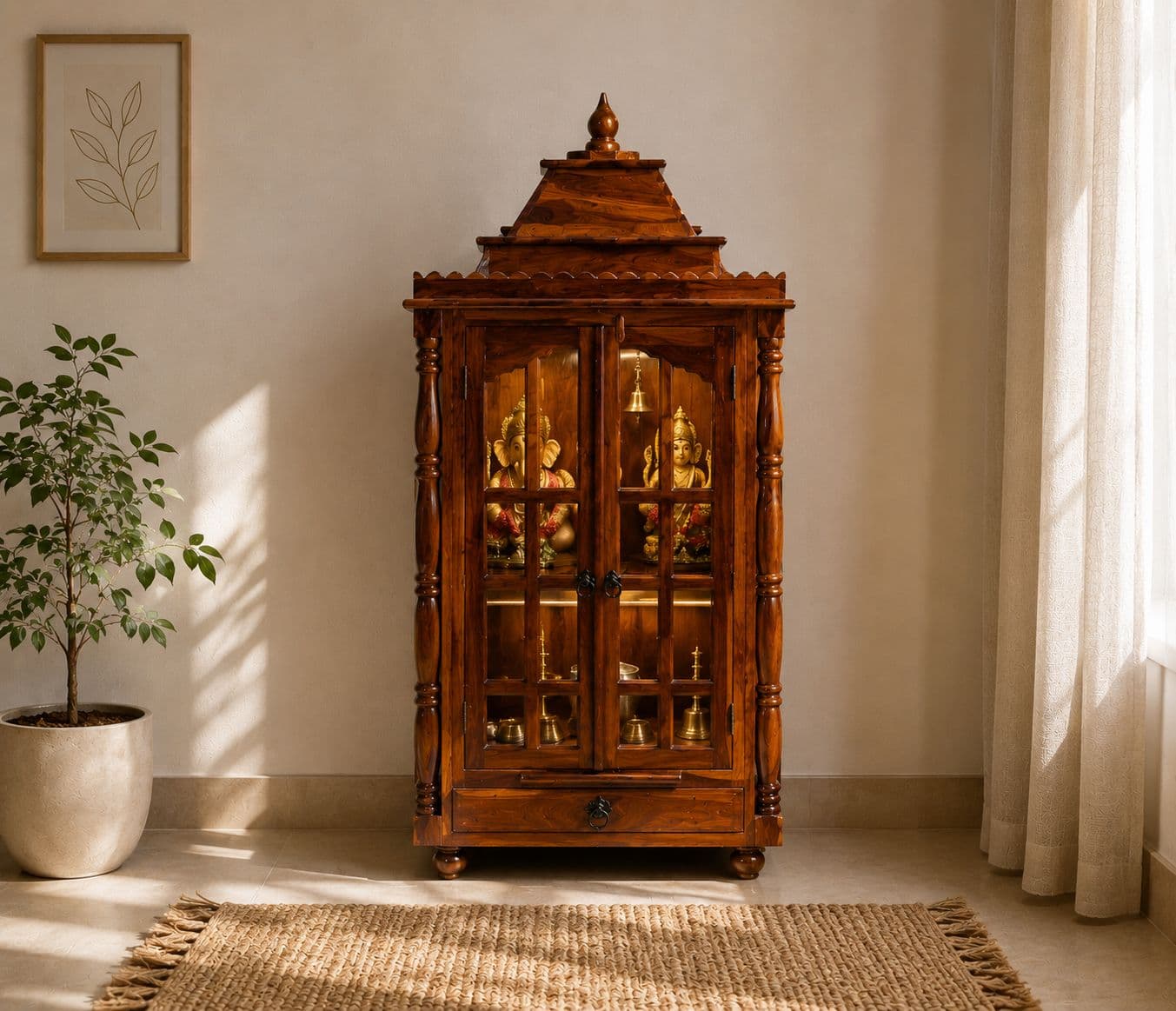 Ojas Pooja Mandir Solid Sheesham Wood (Honey Finish) (SCV_PKU)