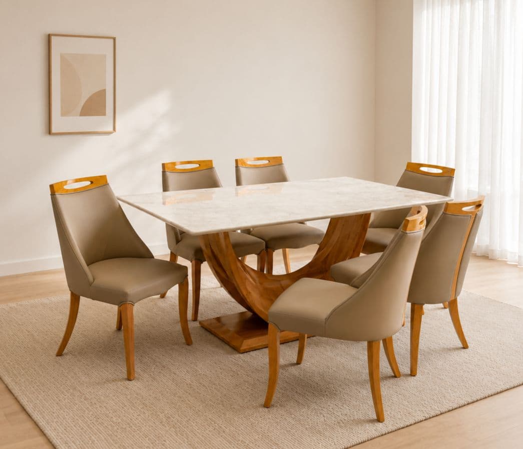 Image 1 for Sammy 6 Seater White Onyx Marble Dining Set with Premium Leatherette Upholstery (BWD)(BS - BSK)(CP)(SKN)(BS-EC)(BS-BTM)(BS-KORA)