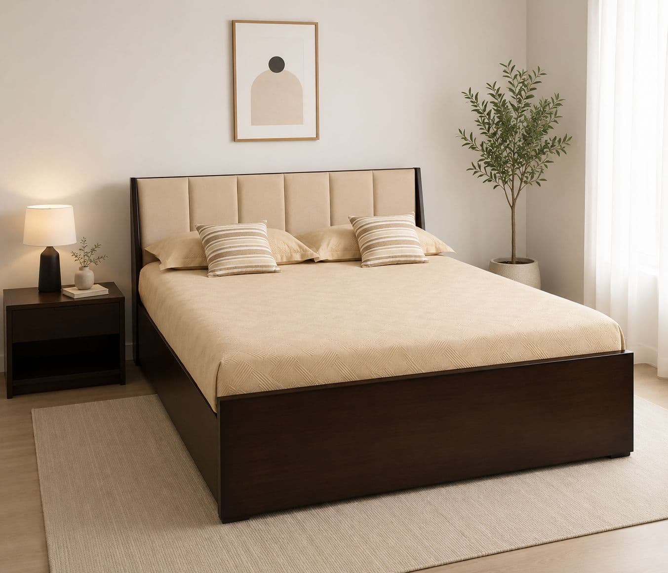 Cushion Patti Queen Size Bed with Drawer Storage (Block Board, Brown) (WF)(BWD)(BS-BTM)(BS-KORA)