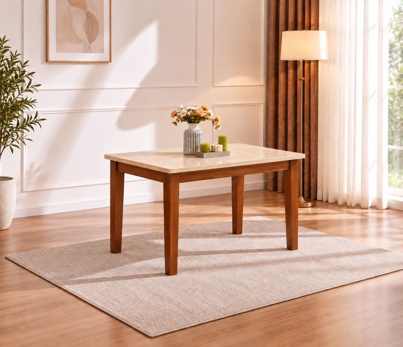 New Model Dining Table 1+4 Seater Marble Top with Rubber Wood and Leather