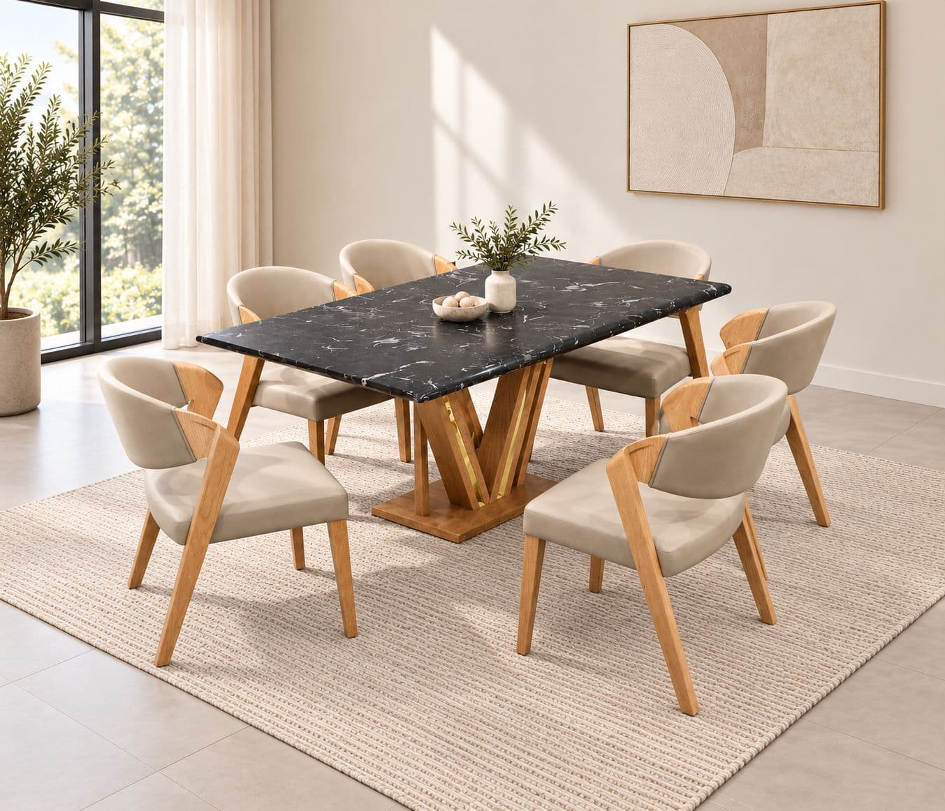 DT V/DC31/ PATA 1+6 Seater Chair Marble Top-Art Leather With Ash Wood PVD RMR (BS-CP)