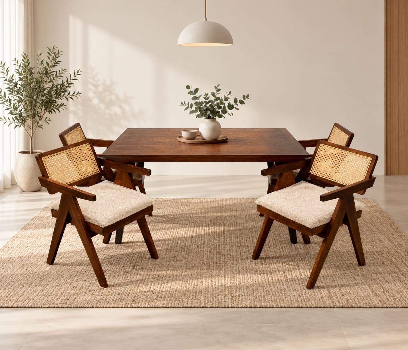 Image 3 for Roma Dining Set 1+4 Seater Sheesham Wood With Fabric Jute And Cane (HYD OTD)