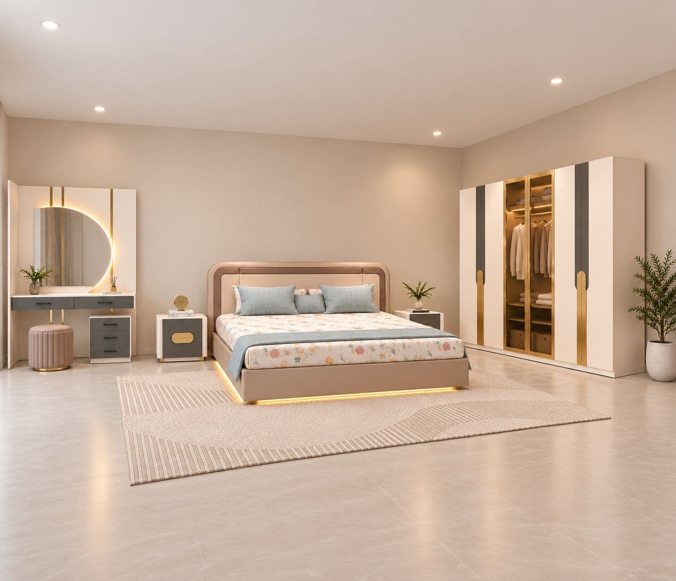 45005 Bedroom Set King Size 72x78 With Hydraulic Storage + Dresser 2 Bed Side Table + 6 Door Wardrobe (KORA OTD)