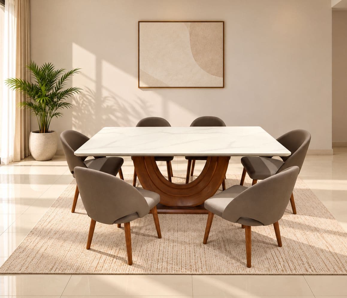 Dining Set 1+6 Seater 1093/3658-2/DC2303 Marble Top With Ash Wood Base With Metal Strip (HYD)