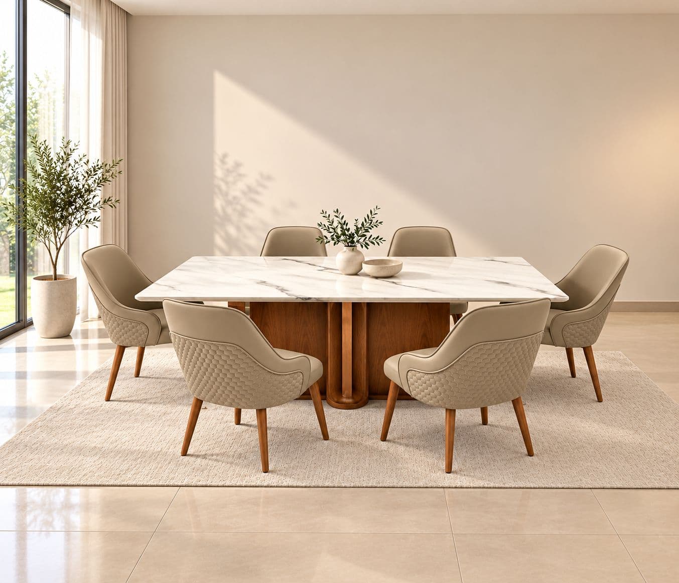 Dining Set 1+6 Seater 1036/SY53-2/ DC 710 Marble Top With Ash Wood Base With Metal Strip (HYD)