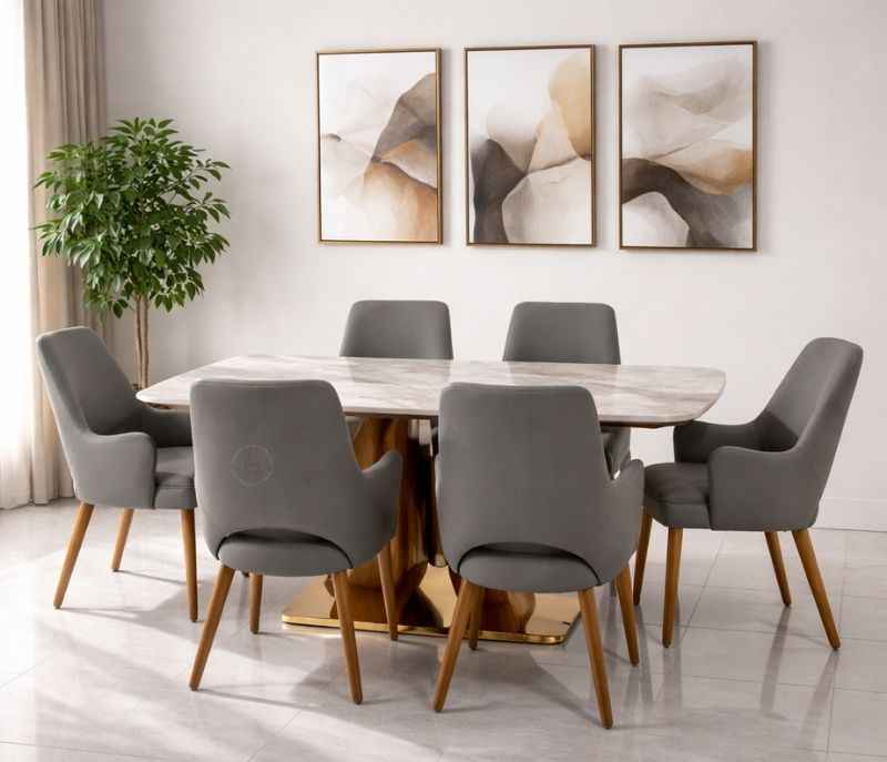 Image 1 for 689 6 Seater Imported Marble Dining Set with Premium Leatherette Upholstery (WH)