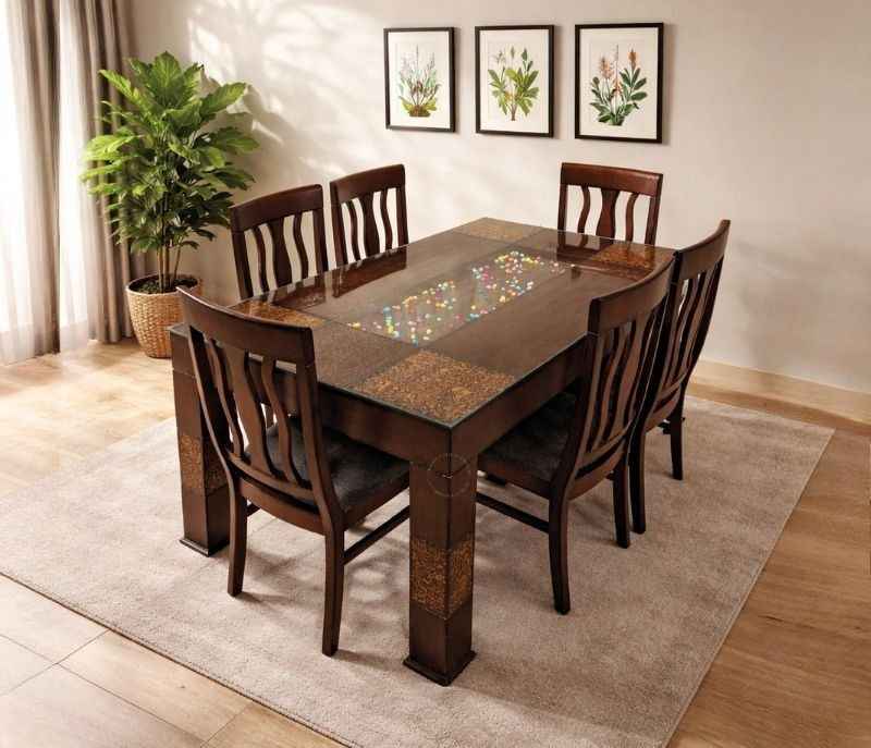 Image 1 for E 6 Seater Teak Wood Dining Set with Premium Fabric Upholstery (BSK)