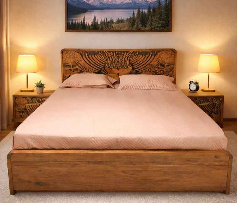 Tropicana Queen Sized Bed Without Storage Acacia Solid Wood With Carving Design (BTM OTD)