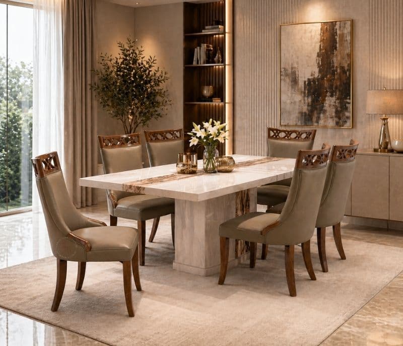 Image 1 for DT - 1061-1/3330 6 Seater Marble Dining Set with Premium Leatherette Upholstery