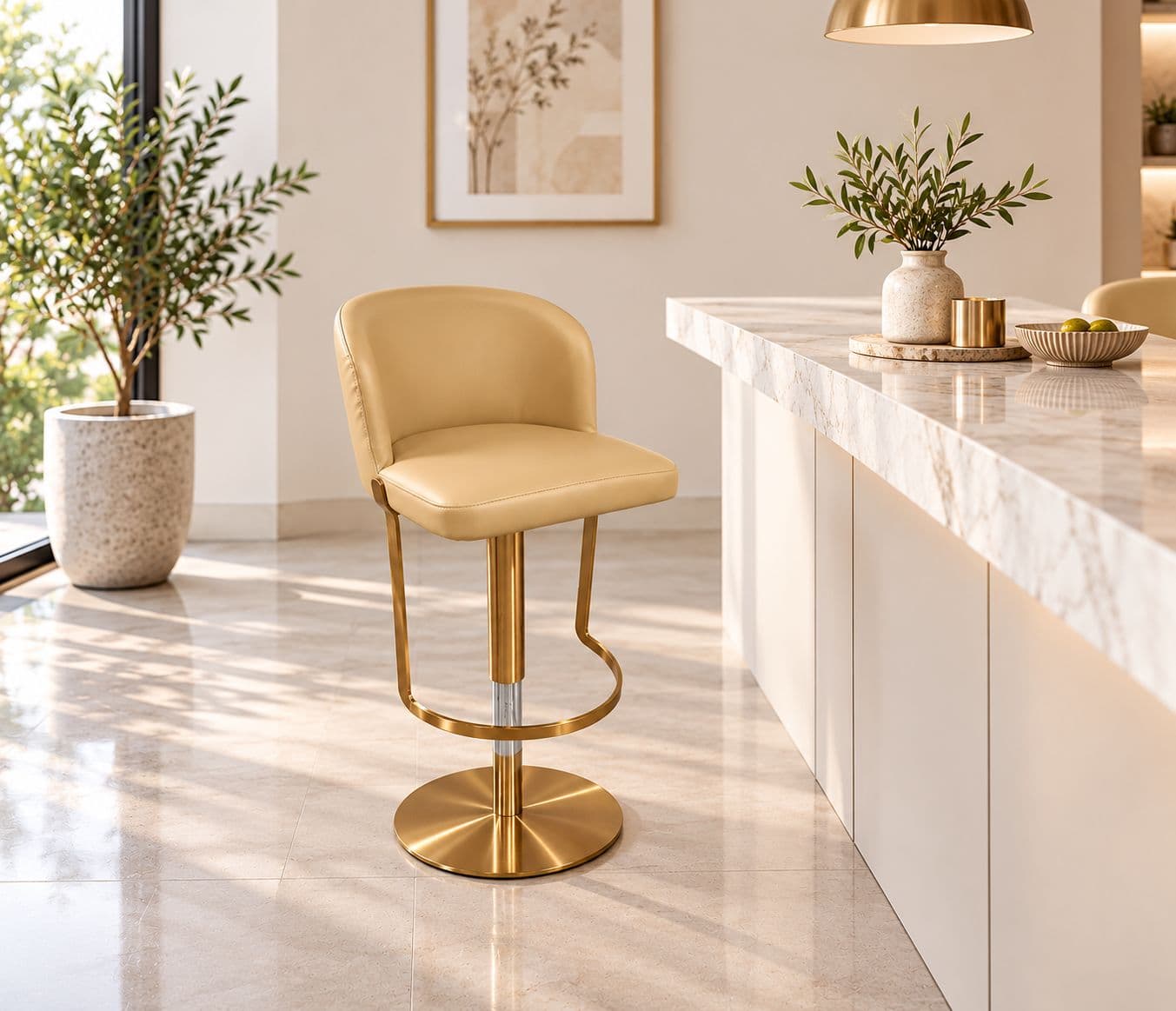 LG Bar Stool With Premium Beige Leatherette Curved Cushioned Backrest Metal Frame With Gold Finish (HYD OTD)