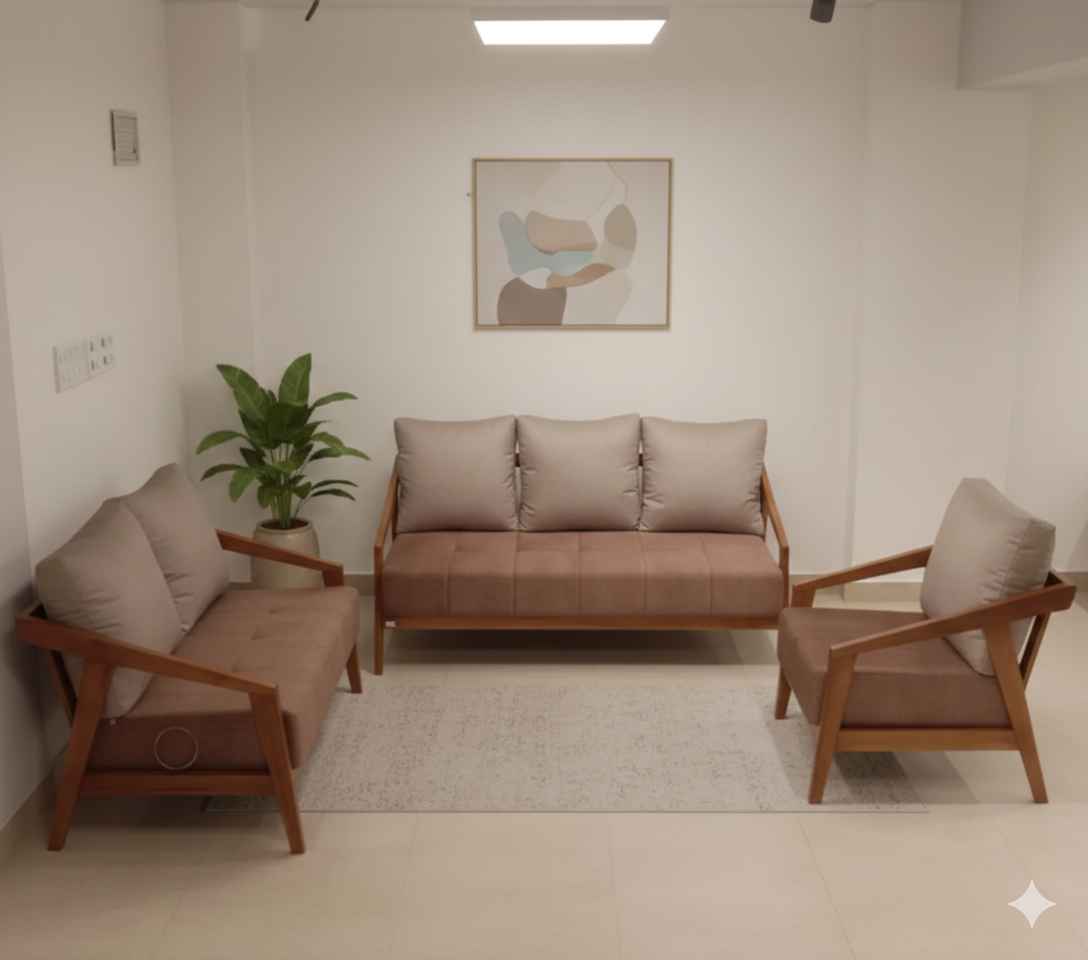 Ghana Teak 3+2+1 Seater Sofa Suede Fabric (SKN)