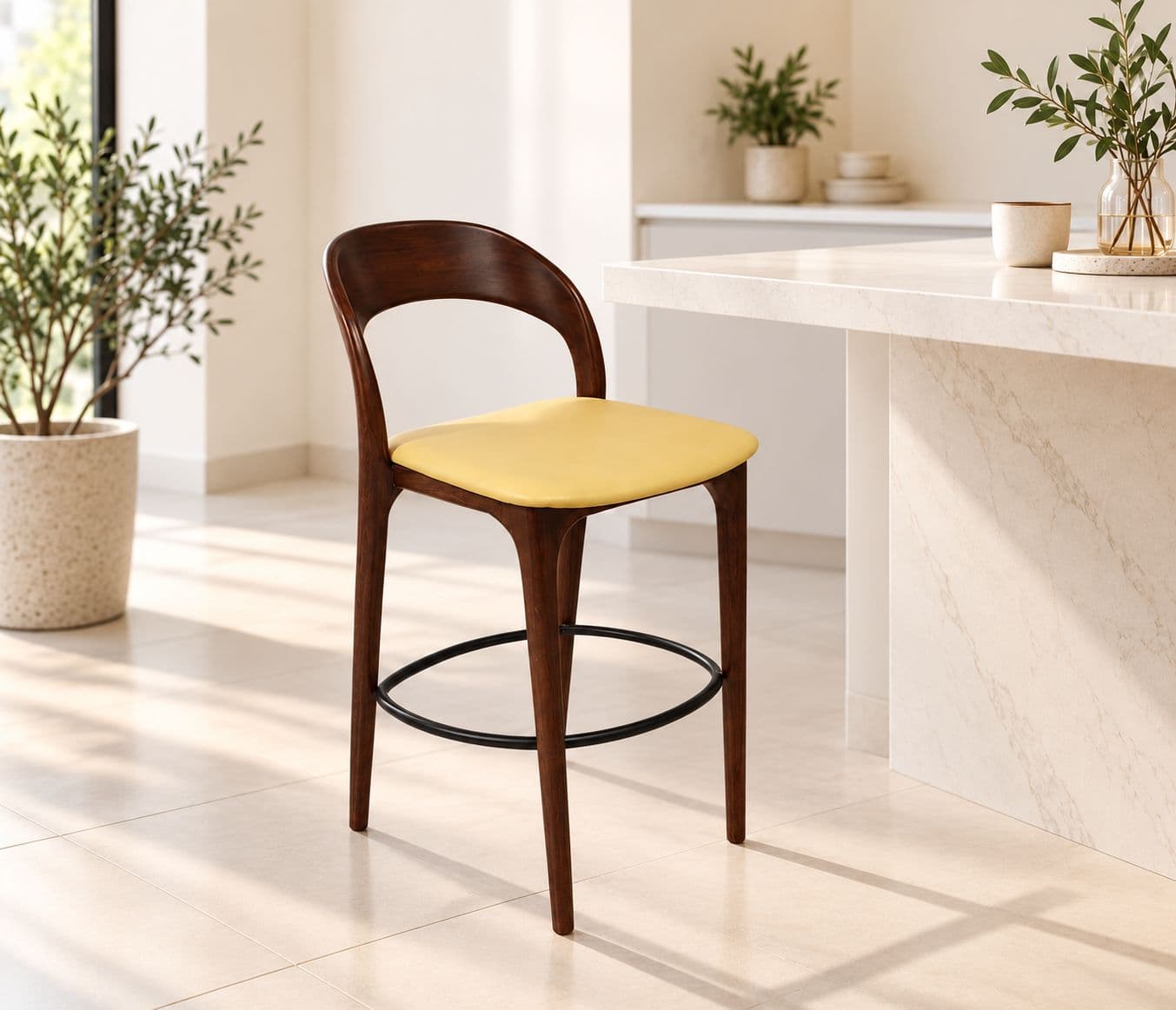 Bar Stool Chair Single Seater Curved Wooden Backrest With A Smooth Polished Finish Four Tapered Wooden Legs (HYD OTD)