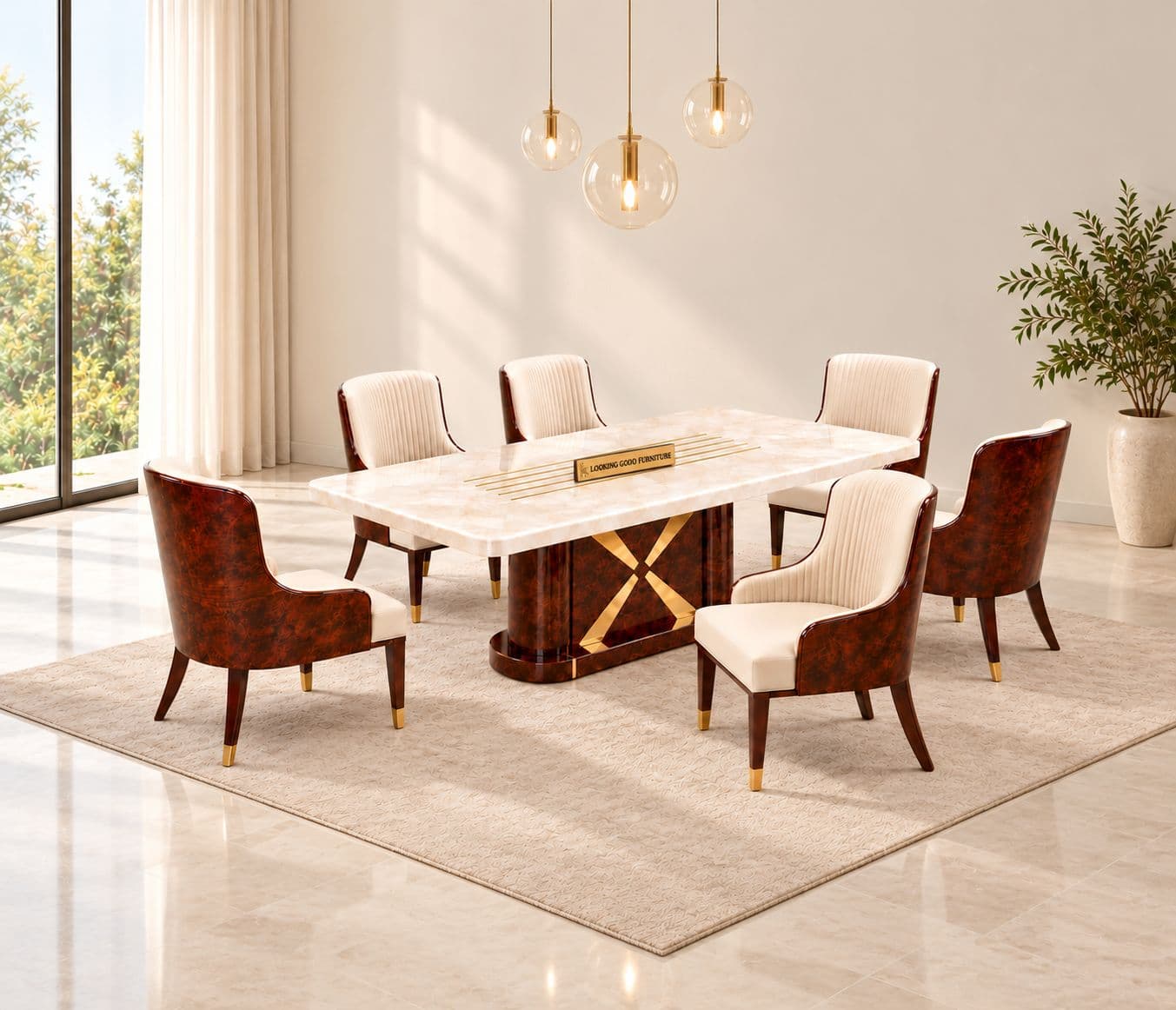 Image 2 for M13 Dining Full Set 1+6 Seater Marble Top With C02 Chairs And B11 Base (PKJ)