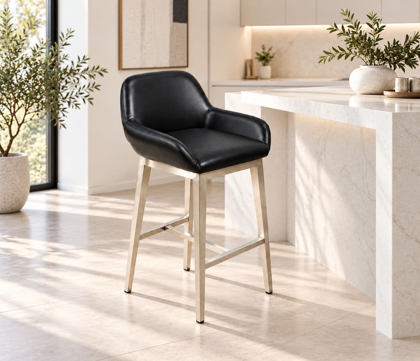 Bar Stool Single Seater Curved Cushioned Backrest With Black Leatherette Integrated Padded Armrests Metal Frame With A Brushed Stainless Four Tapered Metal Legs (HYD OTD)