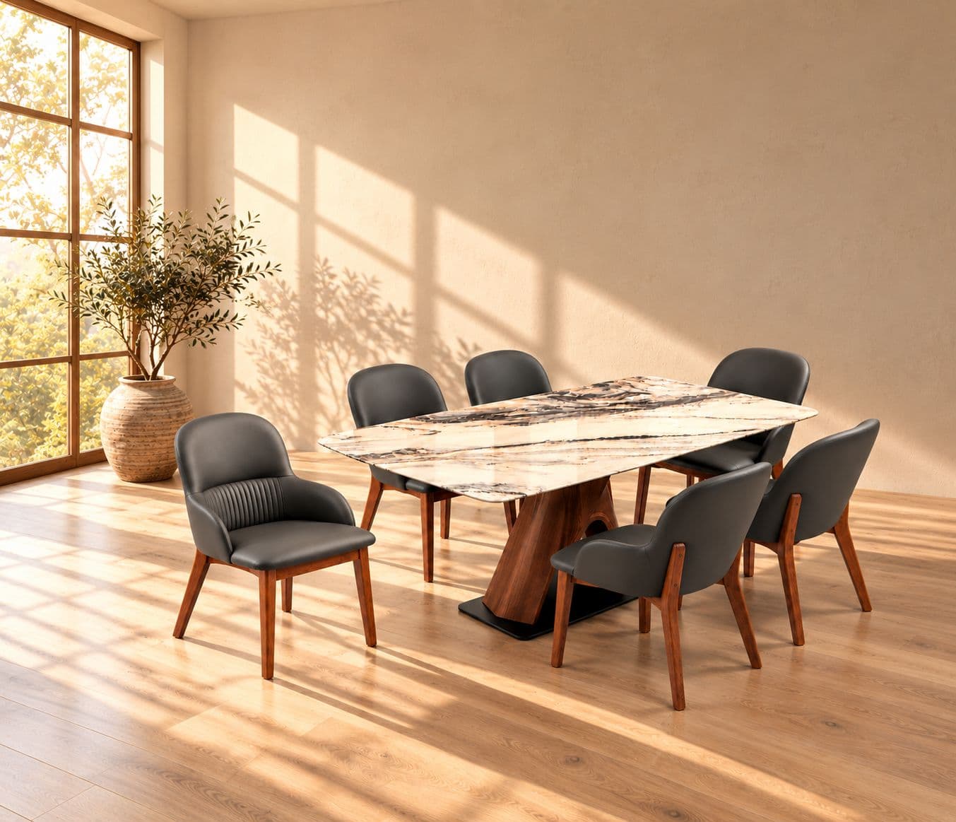 Image 1 for Dining Set 1+6 Seater 182-136 Chairs Leatherette With Rubber Wood Base Laminate With PVD (BWD)