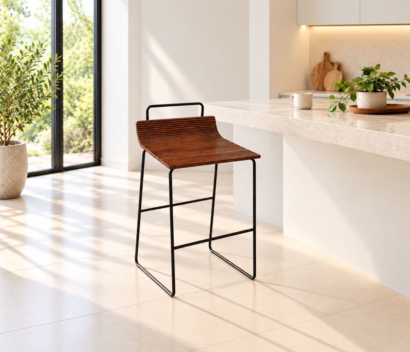 Hardley Bar Stool Curved Wooden Seat With A Slatted Design Paired With A Sleek Tubular Metal Frame And Integrated Foot Rest (HYD OTD)