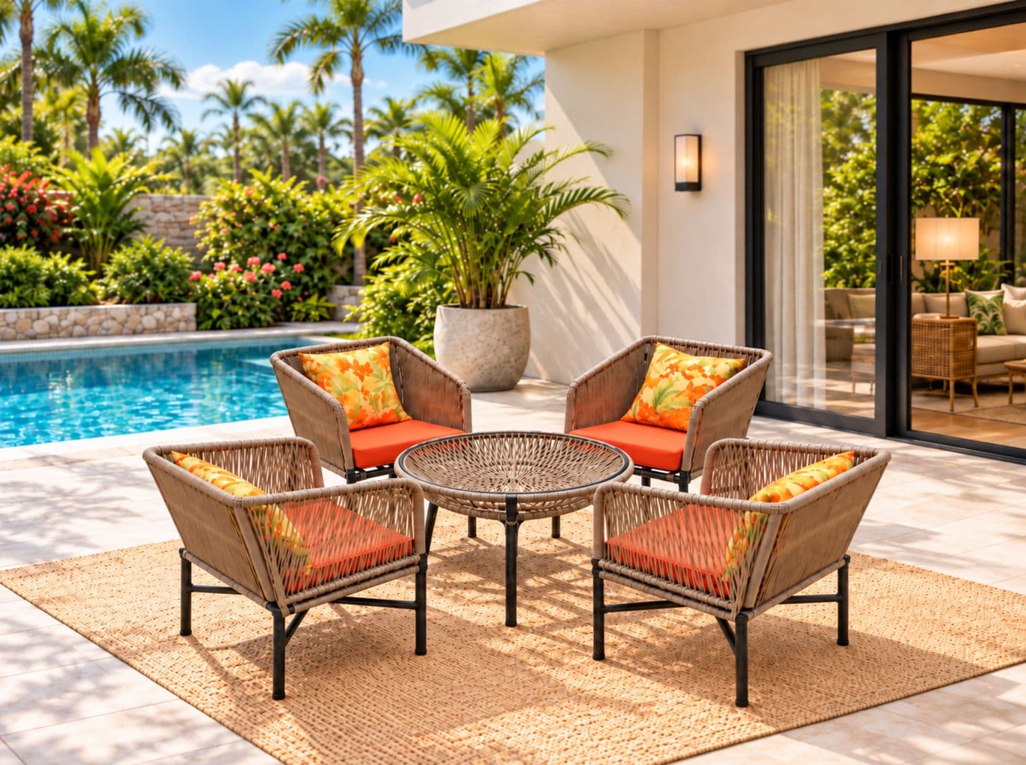 ODR-03 (ROPE) Outdoor Table Set 1+4 Seater Back Cushion + 1 With Center Table Without Glass (RCH SW) (OWD)