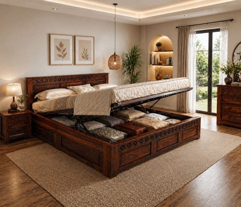 Image 5 for Rudolf Sheesham Wood Hydraulic Storage Premium Solid Sheesham Wood Honey Finish (SCV _PKU)