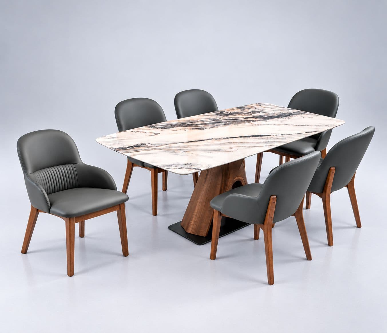 Image 2 for Dining Set 1+6 Seater 182-136 Chairs Leatherette With Rubber Wood Base Laminate With PVD (BWD)