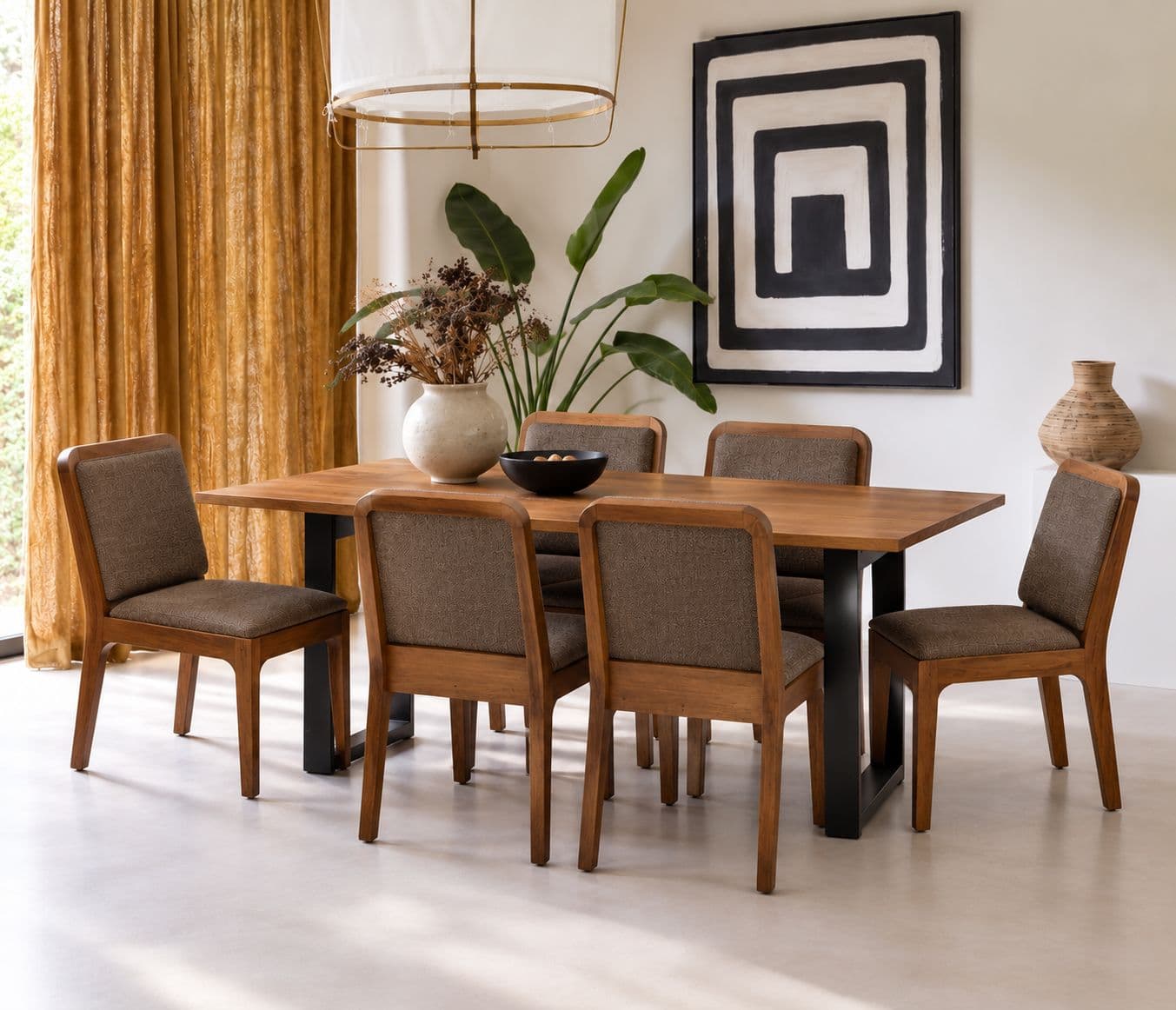 Image 1 for Live Edge Acacia Wood 6 Seater Dining Set with Wooden Table and Premium Fabric (WH)(EC)(HYD)(BWD)(BSK)