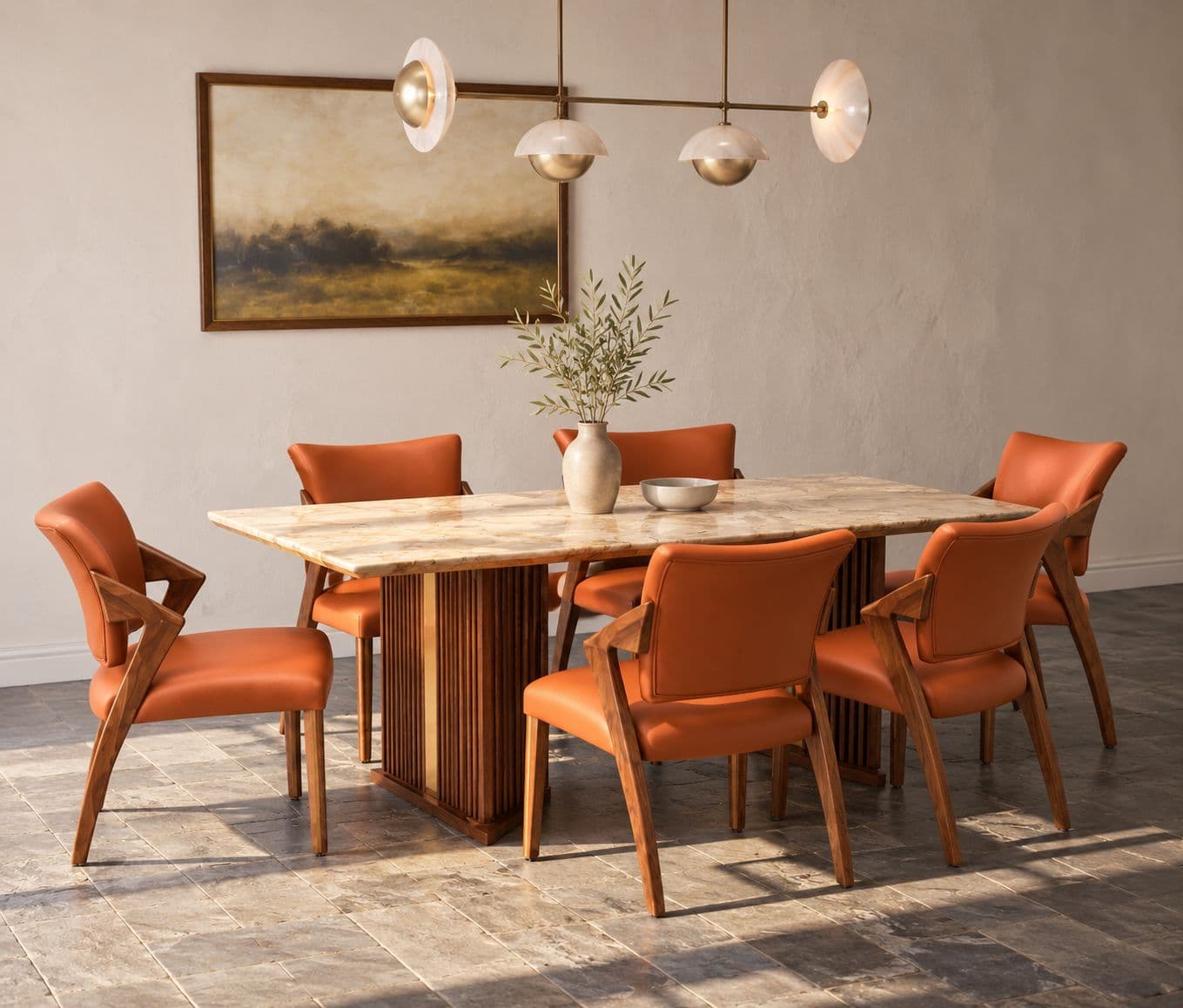 Dining Table 1+6 Seater Trio / DC 32 / Cogo Marble Top Ash Wood With Metal Grip Base 66*36 (BS-WF)