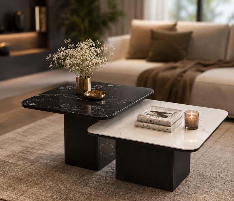 Image 3 for Center Table- 801 Set of 2 nos Marble Top Wooden Base (WH)