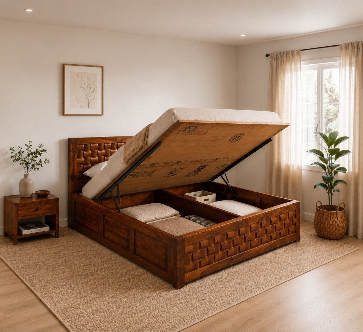 Image 1 for Niwar Bed King Size With Hydralic Storage Sheesham Wood PKU (WF)