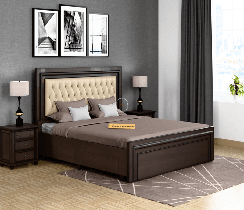 Image 1 for Beading King Size with Full Drawer Storage (High Density Ply Wood, Darl Brown)