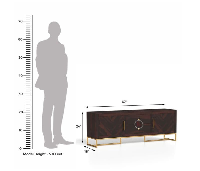 Image 6 for Jais Metal Base Sheesham Wood Tv Unit with Drawers and Cabinets (Honey Finish)