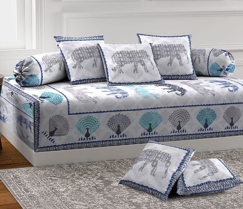 Image 5 for Singapore Screen Print Floral Grey and Blue Cotton Screen Print Set - Set of 8