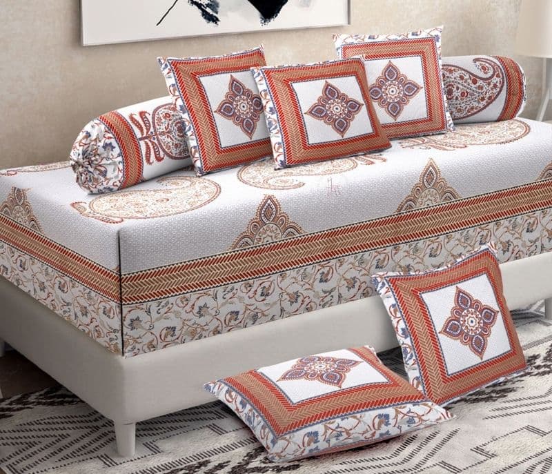 Image 1 for Paislee Jaipur White and Orange Floral Print Set of 8 Cotton Diwan Set
