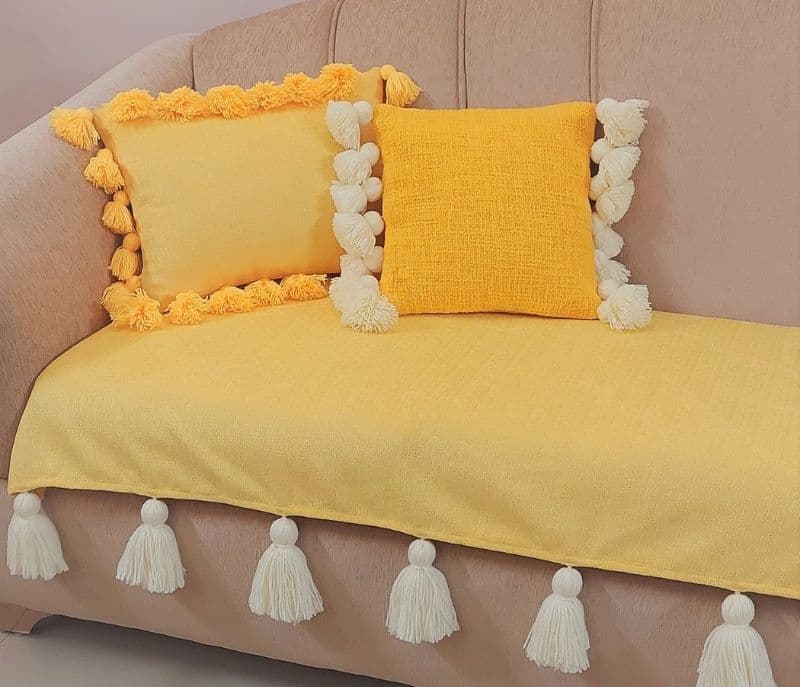 Image 3 for Amato Sofa Cover With White Tassels Light Yellow 3 Seater