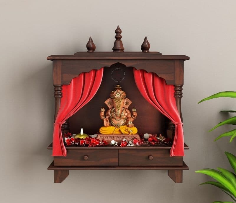 Image 1 for Thailand Wall Mounted Pooja Mandir With Twin Drawers (Walnut Finish)
