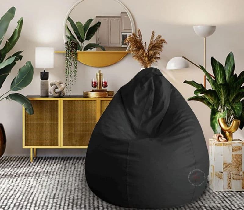 Image 1 for Leather Plain Solid Print Bean Bag Filled with Beans ( Black, XL )