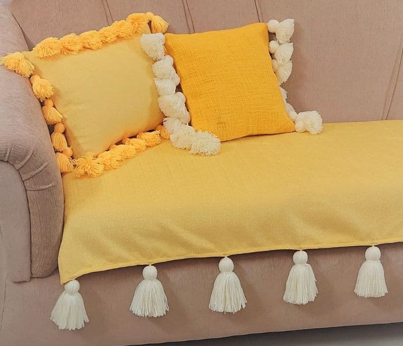 Image 2 for Amato Sofa Cover With White Tassels Light Yellow 3 Seater