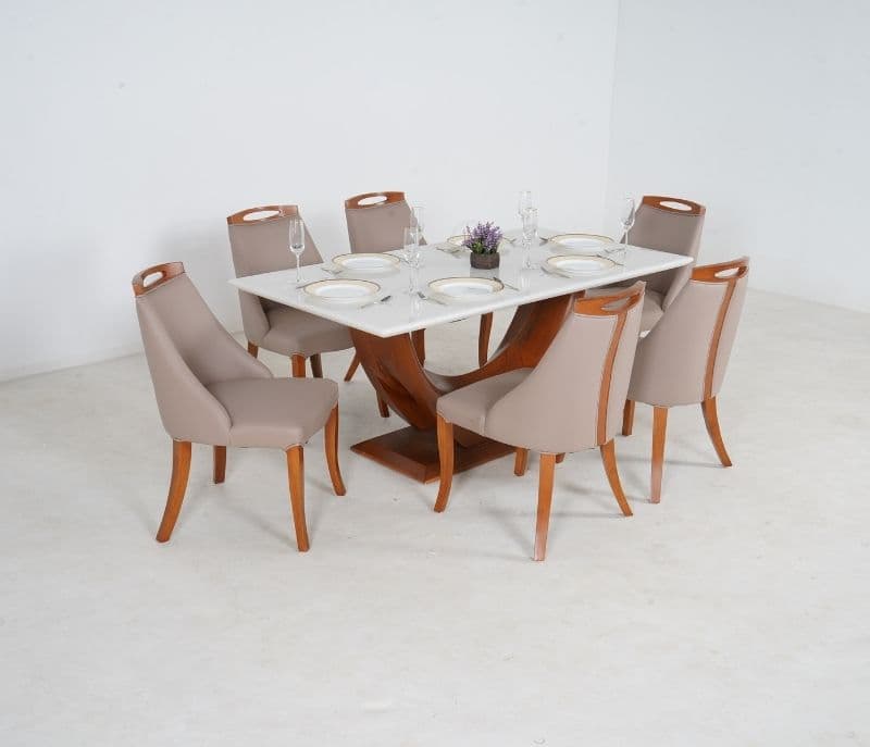 Image 1 for Sammy 6 Seater White Onyx Marble Dining Set with Premium Leatherette Upholstery
